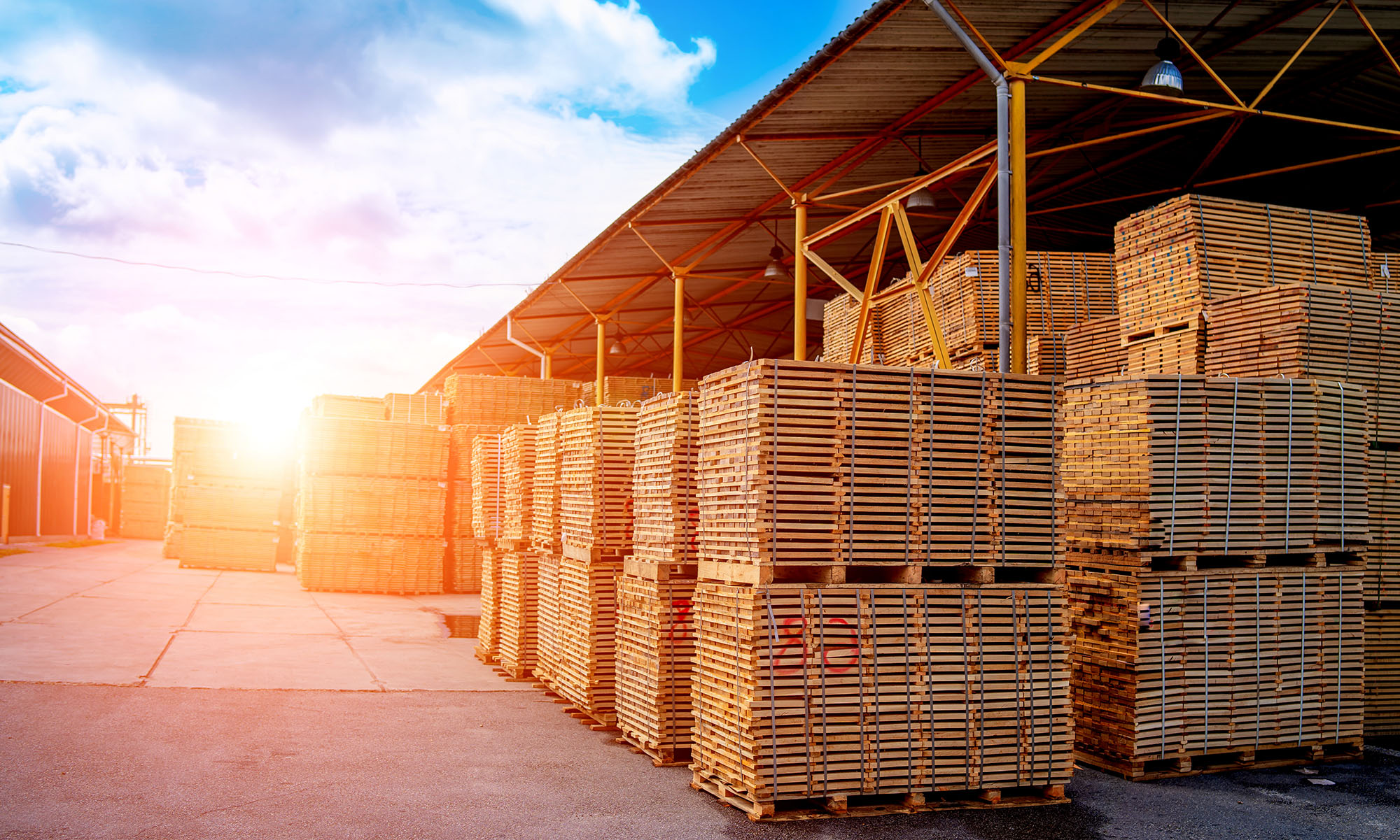 Warehouse interior, pallets with goods. Open-air. Transportation and logistic